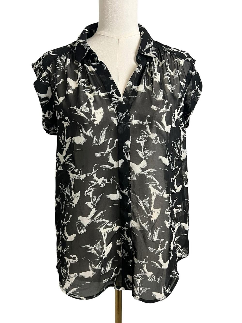 Philosophy Republic Black White Abstract Bird Print Sheer Blouse Small Top Shirt